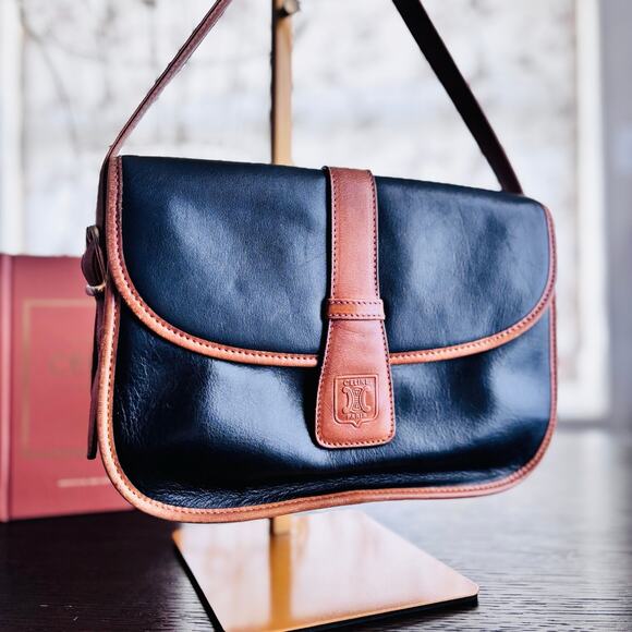 Celine Handbags - Vintage Celine Paris Blason Black Leather Shoulder Bag Tan Trim Made in Italy